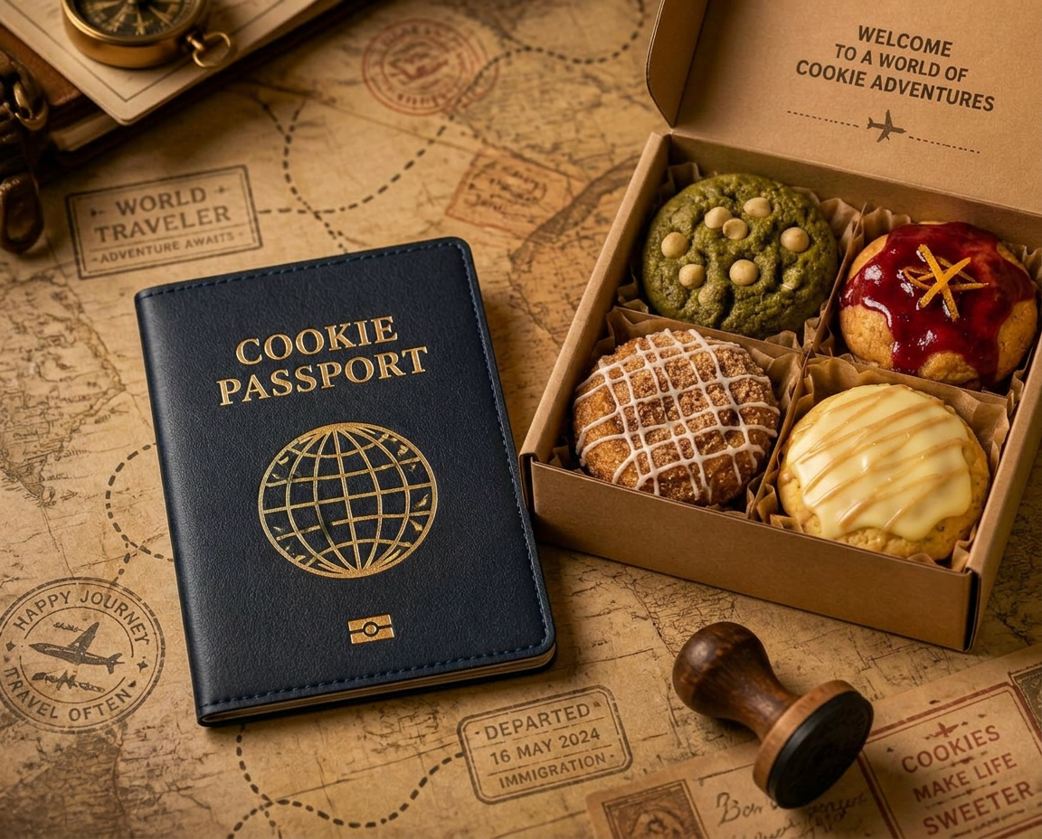 Navy Cookie Passport resting on a vintage world map beside a box of handcrafted cookies